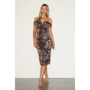 NWT Lulus Arikka Brown Abstract Mesh Off-the-shoulder Midi Dress - Size M